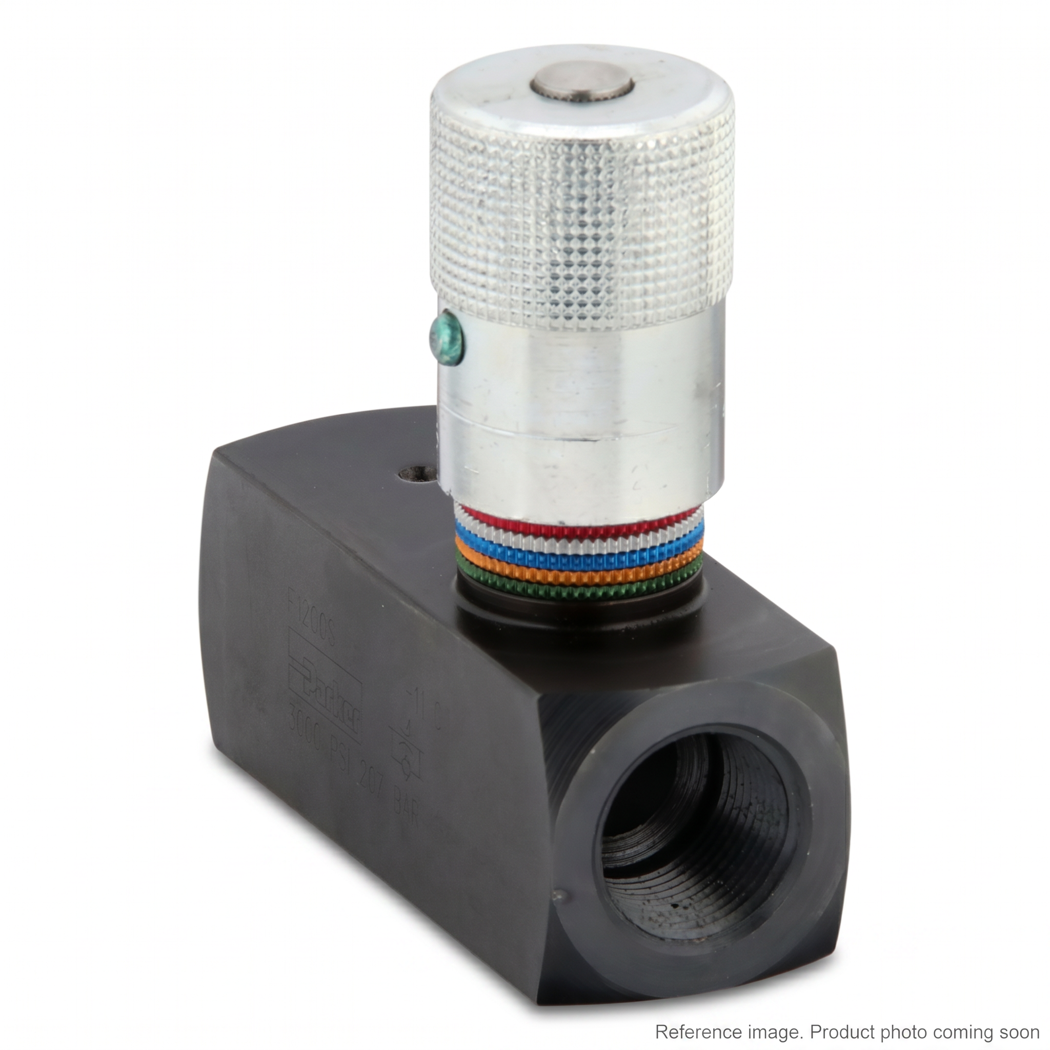 Parker F1200S Inline Hydraulic Flow Control Valve three-quarter angle product photo | stocked in BC, ships Canada-wide