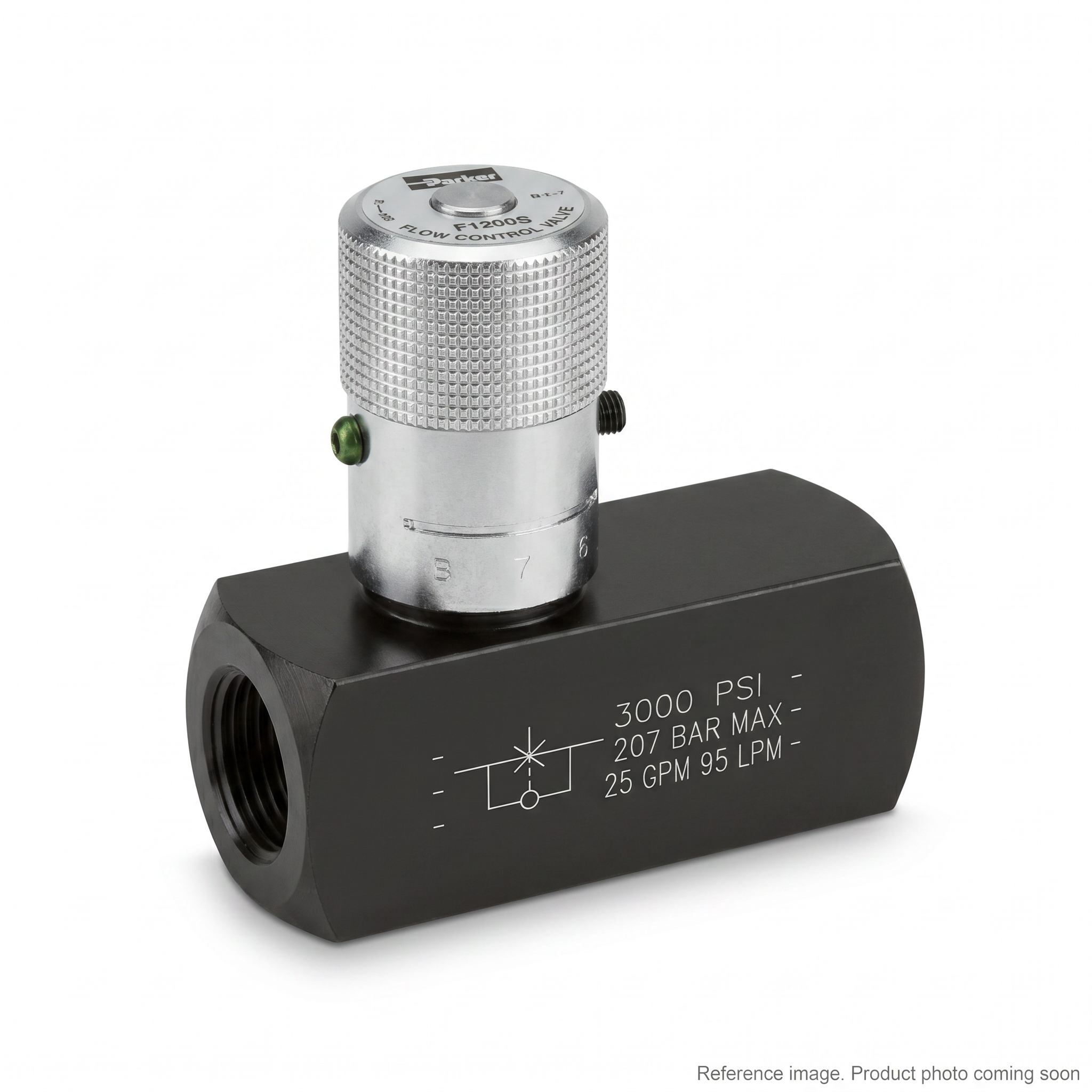 Parker F1200S Inline Hydraulic Flow Control Valve alternate angle product photo | stocked in BC, ships Canada-wide