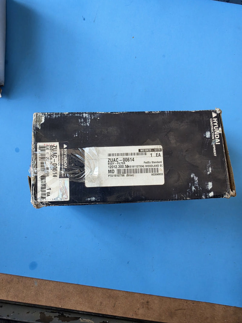 Genuine Hyundai ZUAC-00614 body filter carton, side label reads body fuel filter, Hyundai Construction Equipment genuine parts