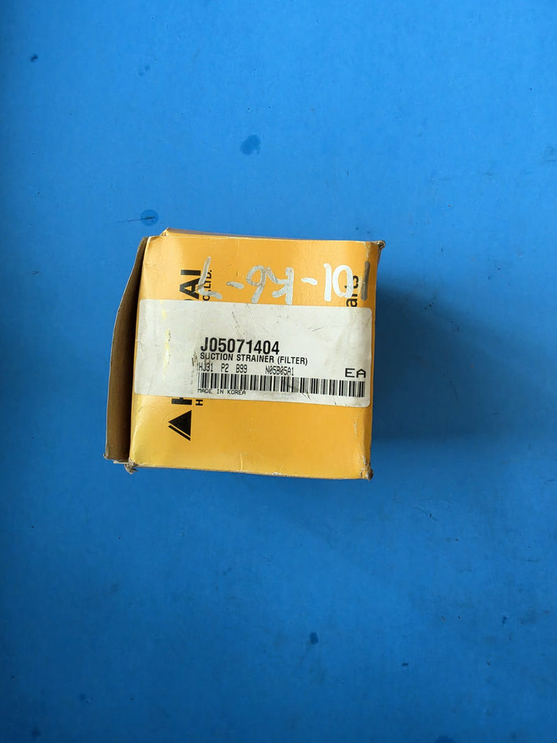 Yellow Hyundai carton for suction strainer filter part number J05071404, made in Korea, shelf mark 101-K6-7