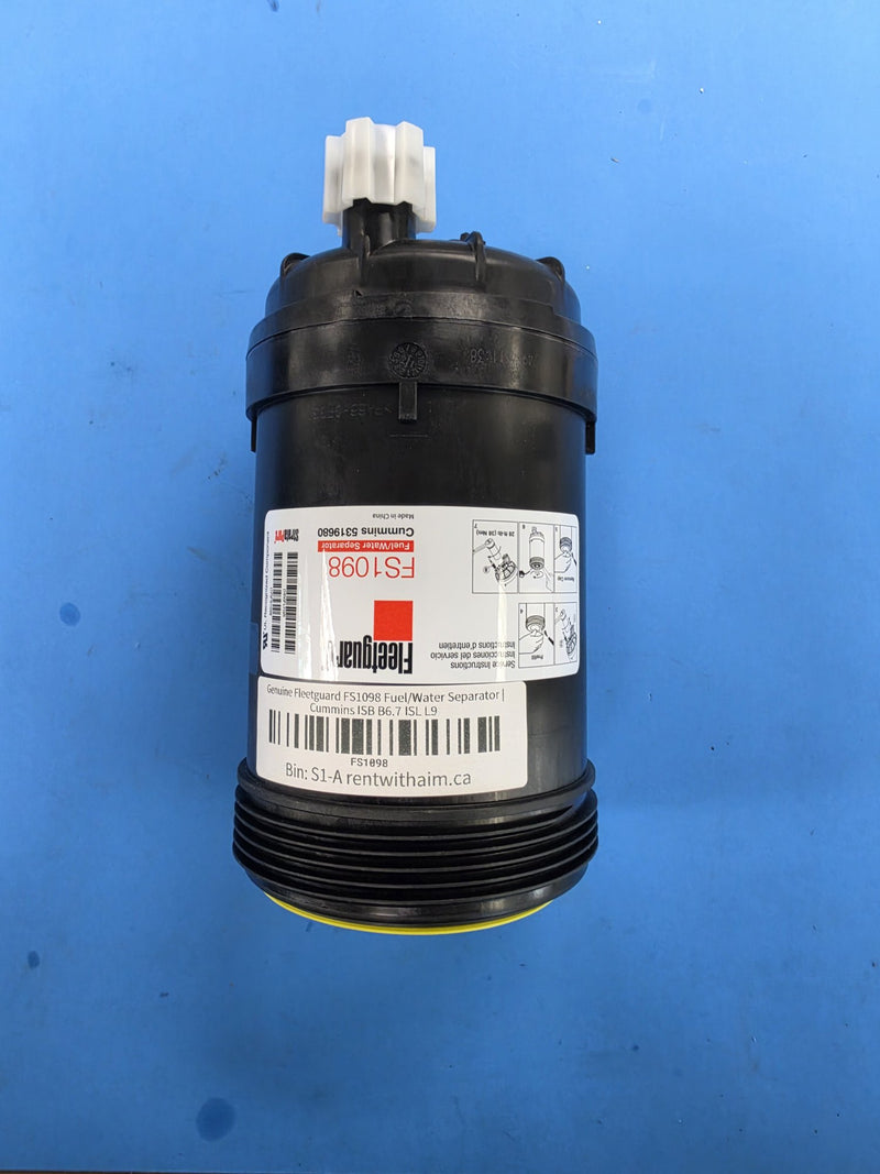 Fleetguard FS1098 fuel water separator can, Cummins reference 5319680, with an AIM bin S1-A label applied