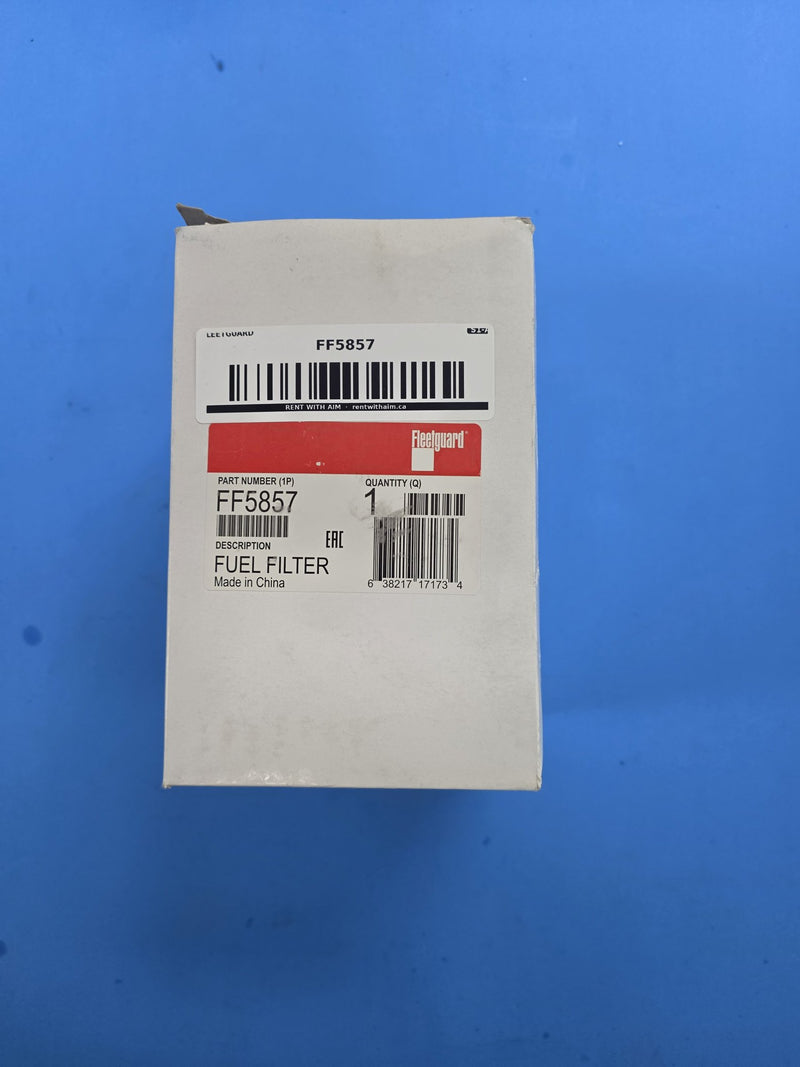 Genuine Fleetguard FF5857 fuel filter in the original Fleetguard box marked FUEL FILTER, Made in China, quantity one