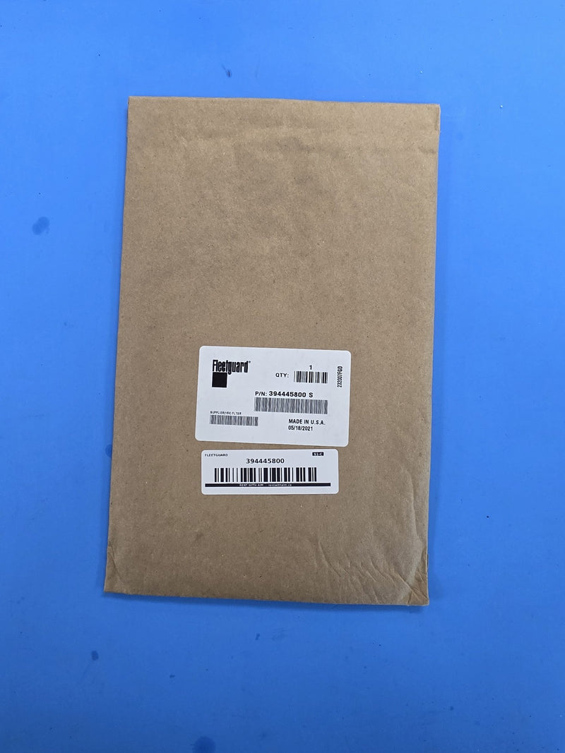 Genuine Fleetguard 394445800 fuel processor service part in the original kraft envelope, printed 394445800 S, quantity one, made in USA