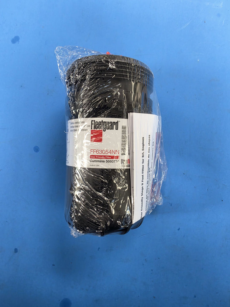 Genuine Fleetguard FF63054NN user friendly NanoNet fuel filter with Cummins 5660774 on the can and the Stage II instruction sheet, made in USA
