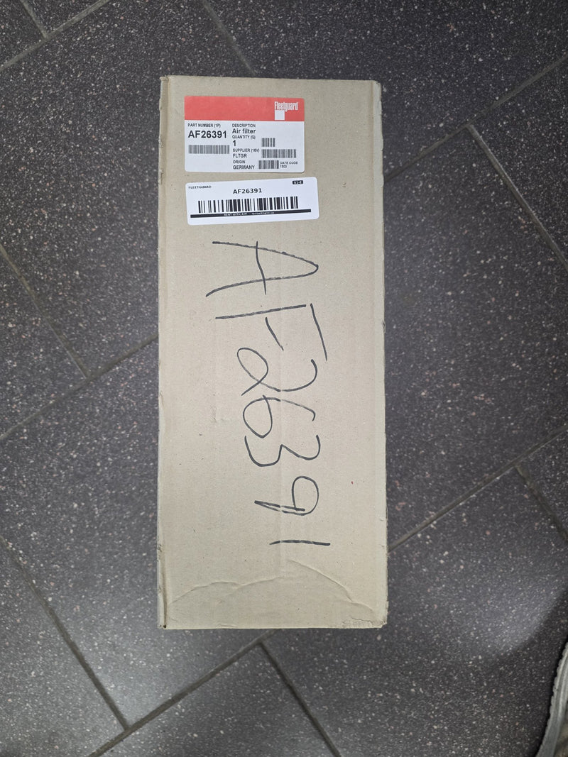 Genuine Fleetguard AF26391 air filter in the original Fleetguard box, quantity one, German origin, date code 1503, with AF26391 hand written large on the box