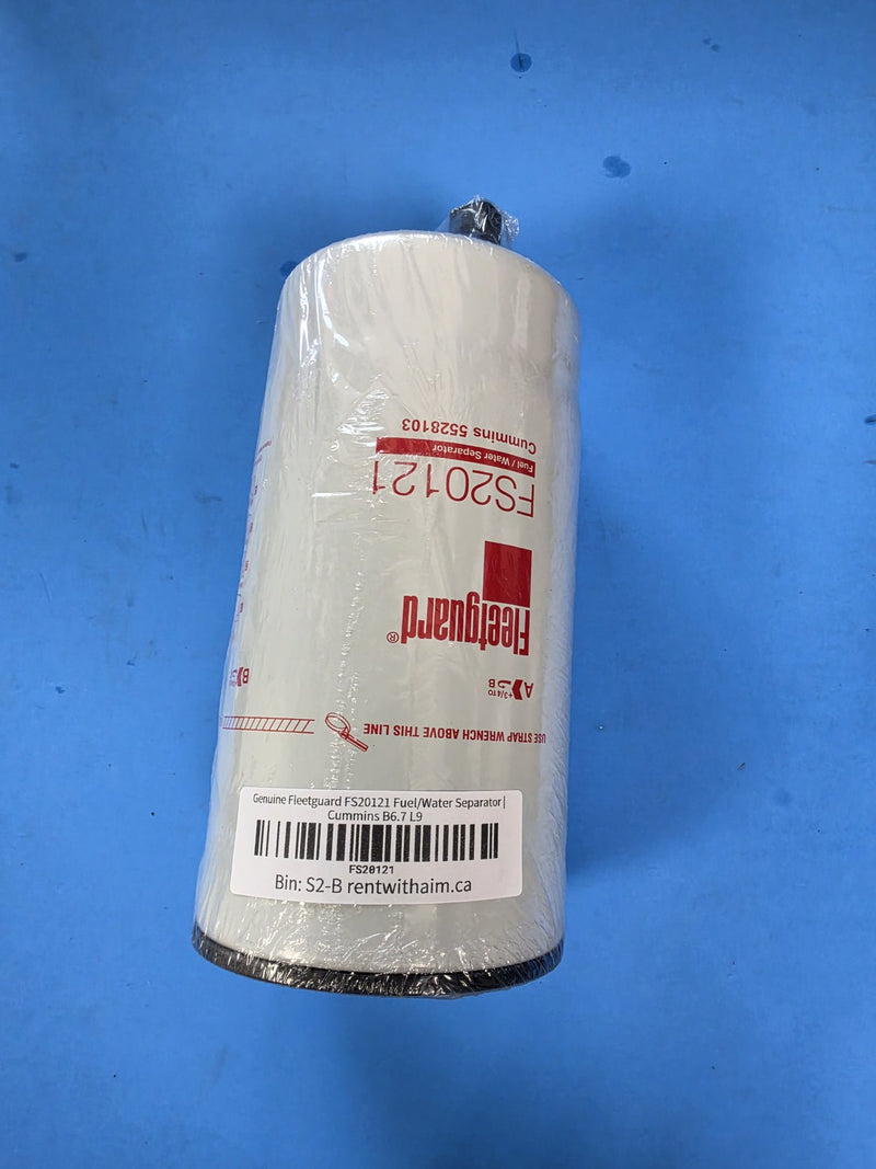 Genuine Fleetguard FS20121 fuel water separator marked Cummins 5528103, on the AIM shelf in bin S2-B