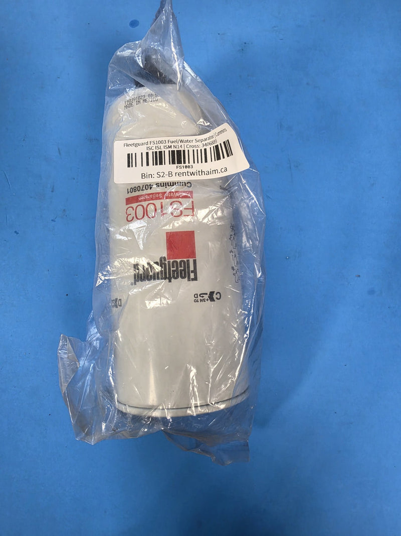 Genuine Fleetguard FS1003 fuel water separator marked Cummins 4070801, made in Mexico, in bin S2-B