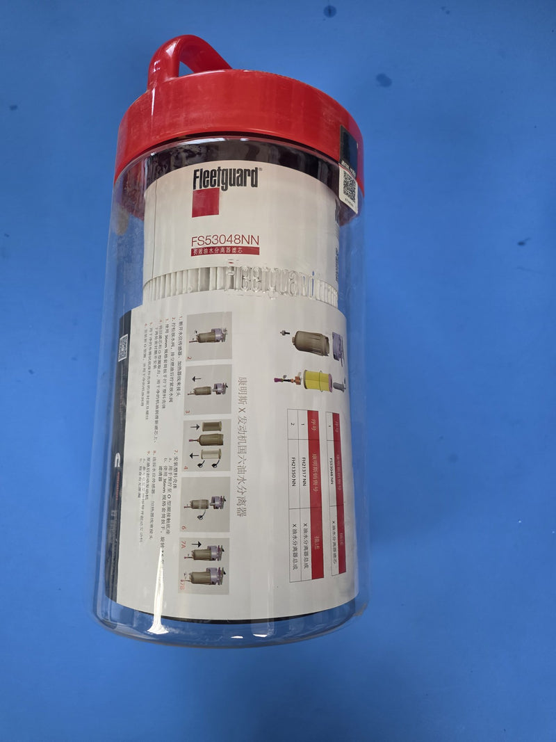 Genuine Fleetguard FS53048NN NanoNet fuel water separator cartridge inside its clear canister with the Fleetguard instruction panel visible