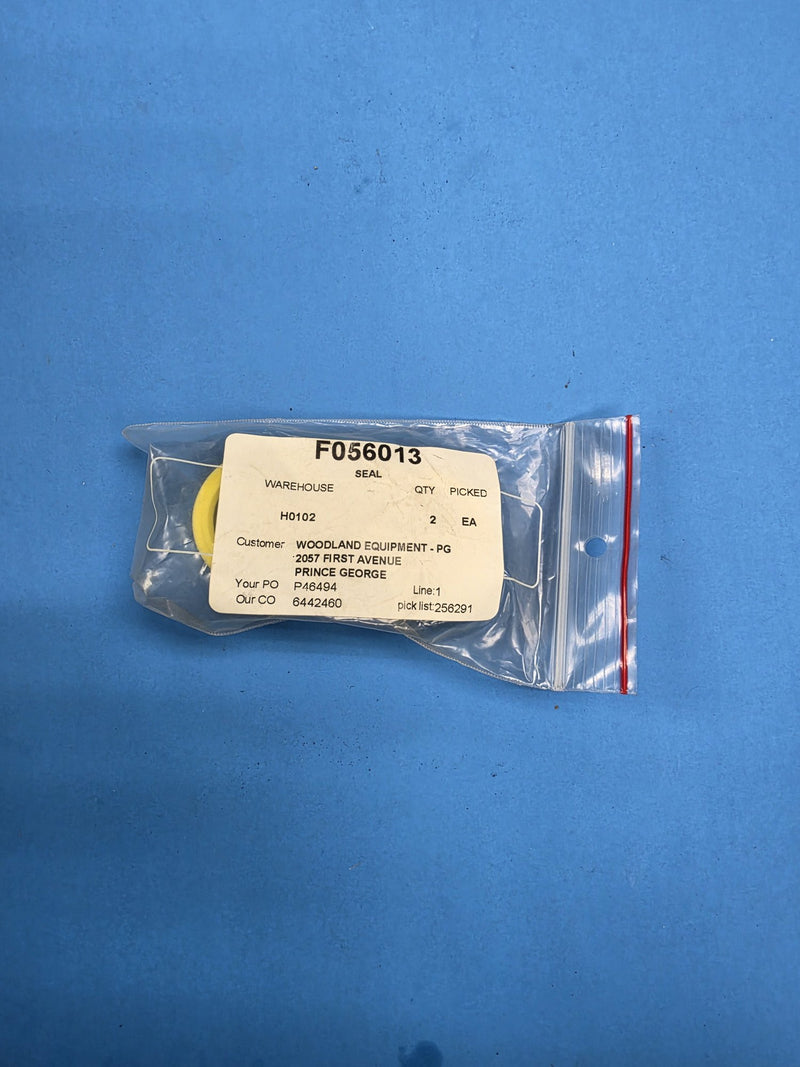 Bag marked F056013 holding a Waratah harvester head seal, on the shelf at AIM Rentals Prince George