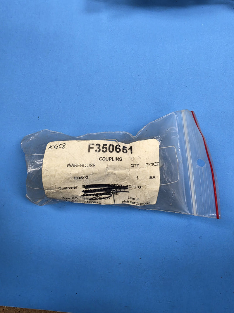Bag labelled F350651 COUPLING with hand written 15GC8 at AIM Rentals Prince George