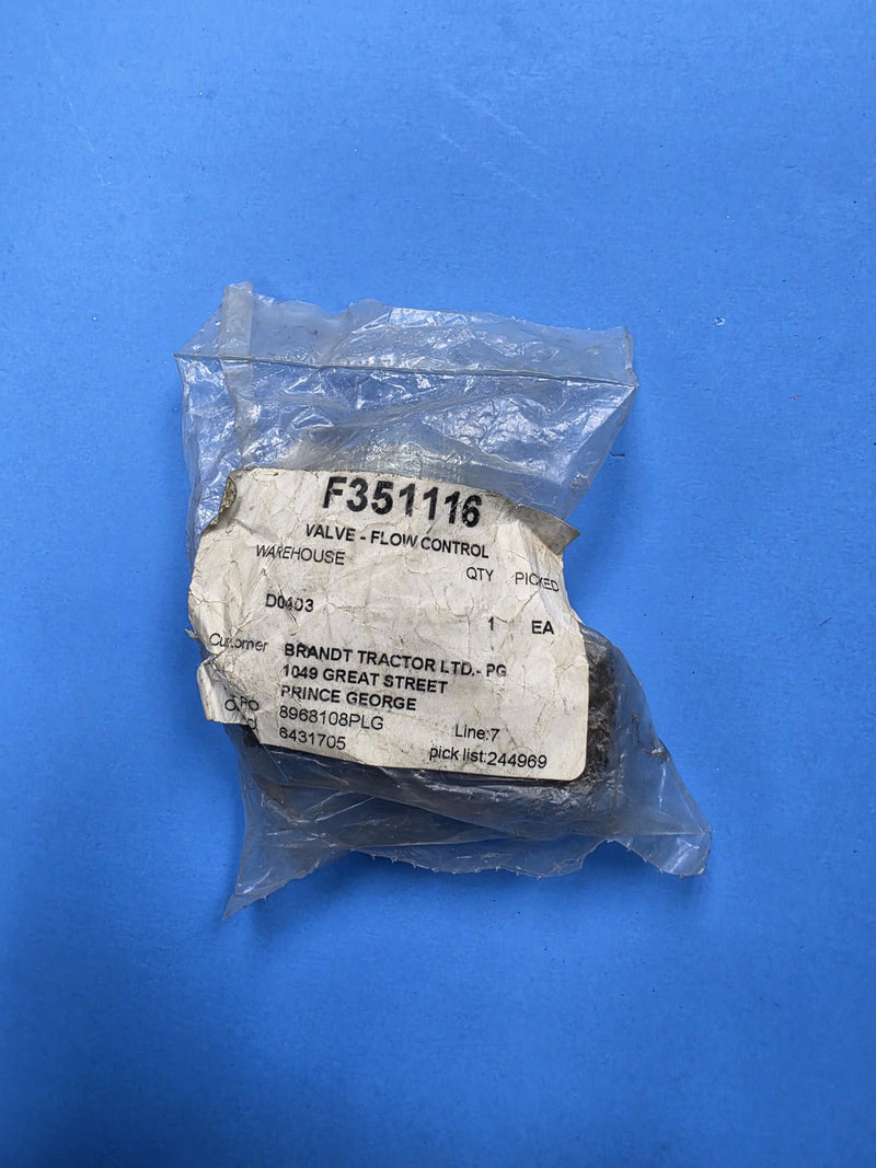 Pick ticket F351116 VALVE FLOW CONTROL on a bagged valve at AIM Rentals Prince George