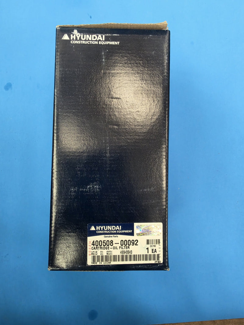 Genuine Hyundai 400508-00092 oil filter cartridge box on the shelf at AIM Rentals Prince George
