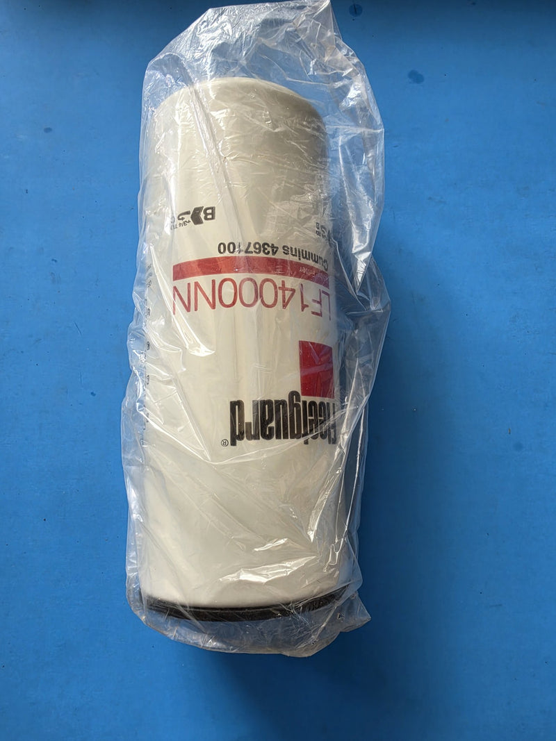 Genuine Fleetguard LF14000NN lube filter in a clear poly bag, Cummins 4367100 printed on the can, Prince George BC shelf stock