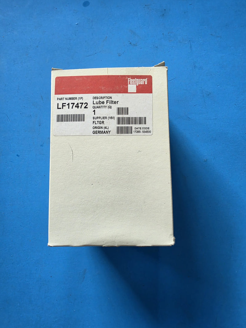 Genuine Fleetguard LF17472 lube filter in the sealed carton, origin Germany, date code 17265, photographed in Prince George BC