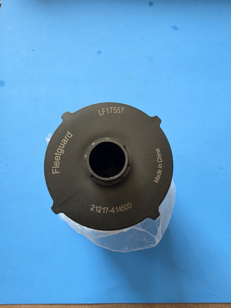 Genuine Fleetguard LF17557 lube filter element, plastic end cap moulded LF17557 and 21217-414500, made in China, Prince George BC