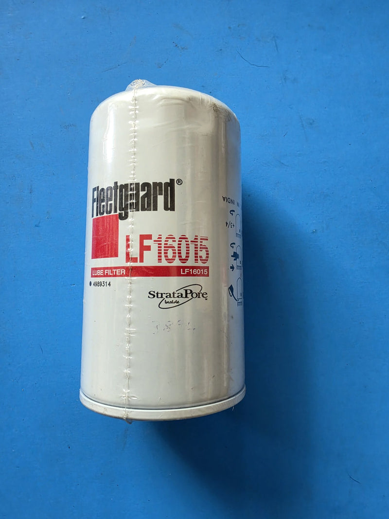 Genuine Fleetguard LF16015 lube filter with StrataPore Inside logo, Cummins 4989314, made in India, Prince George BC shelf stock
