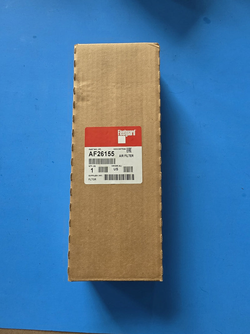 Genuine Fleetguard AF26155 air filter in a long stapled kraft carton with the red Fleetguard label, origin US, photographed in Prince George BC