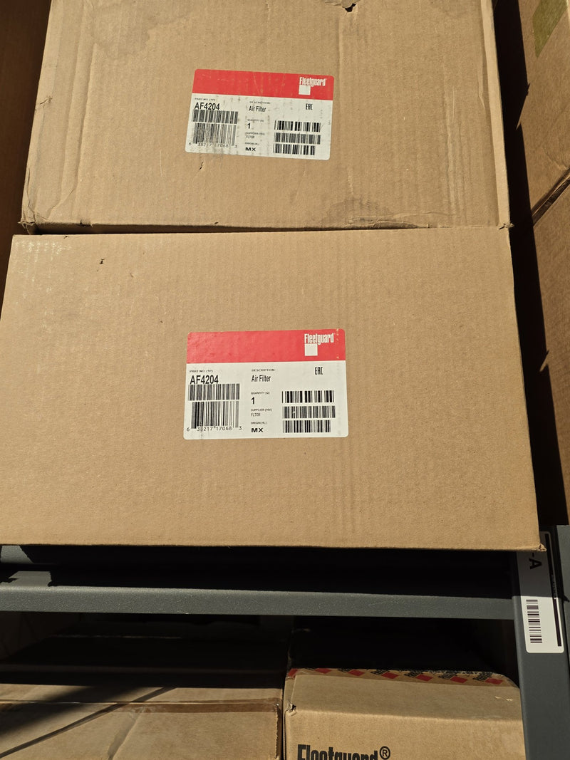 Genuine Fleetguard AF4204 air filter, two identical sealed cartons on the shelf, origin MX with UPC 638217170683, photographed in Prince George BC