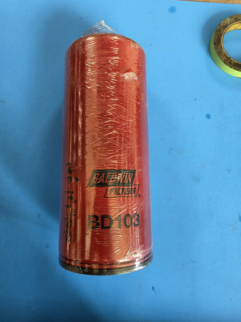 Genuine Baldwin BD103 dual flow lube spin on oil filter, red can still shrink wrapped, photographed in Prince George BC