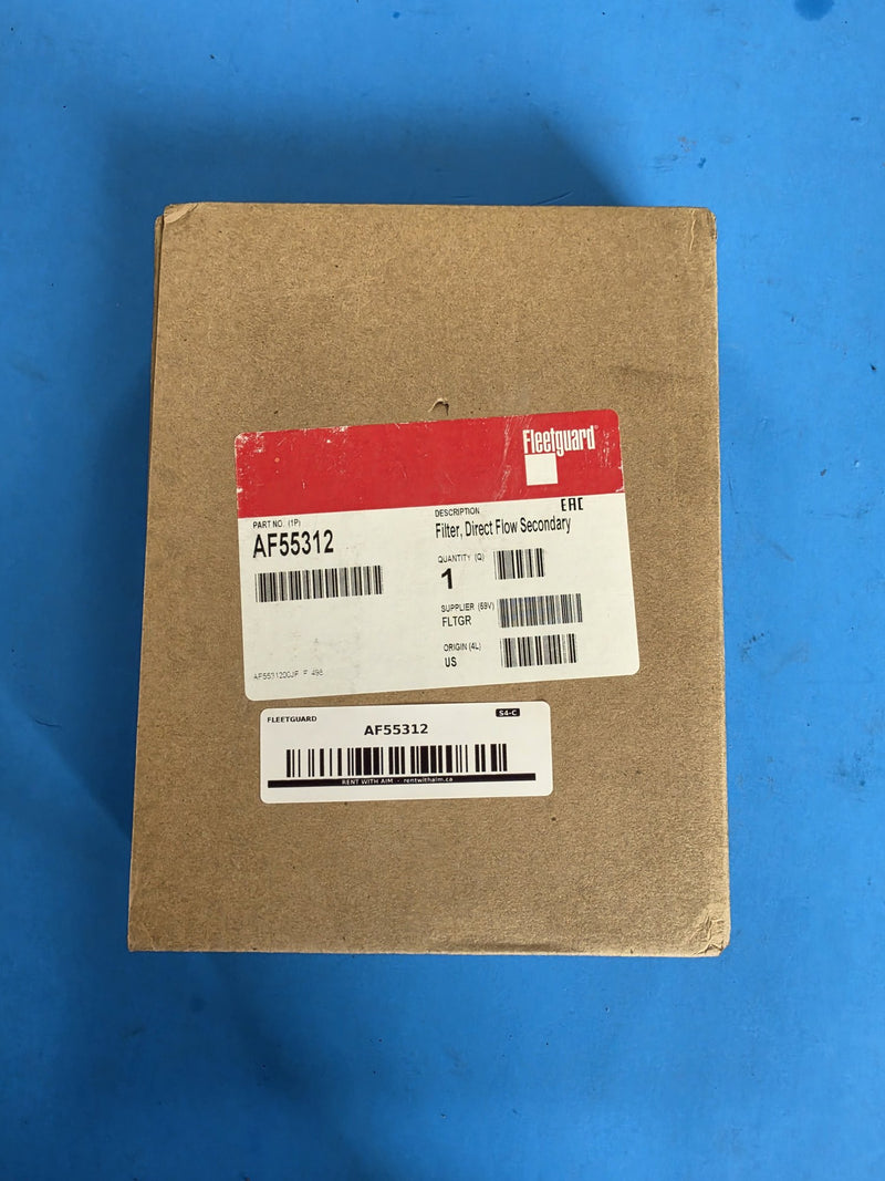 Genuine Fleetguard AF55312 filter labelled Direct Flow Secondary in a sealed US made carton with an AIM S4-C shelf sticker, photographed in Prince George BC
