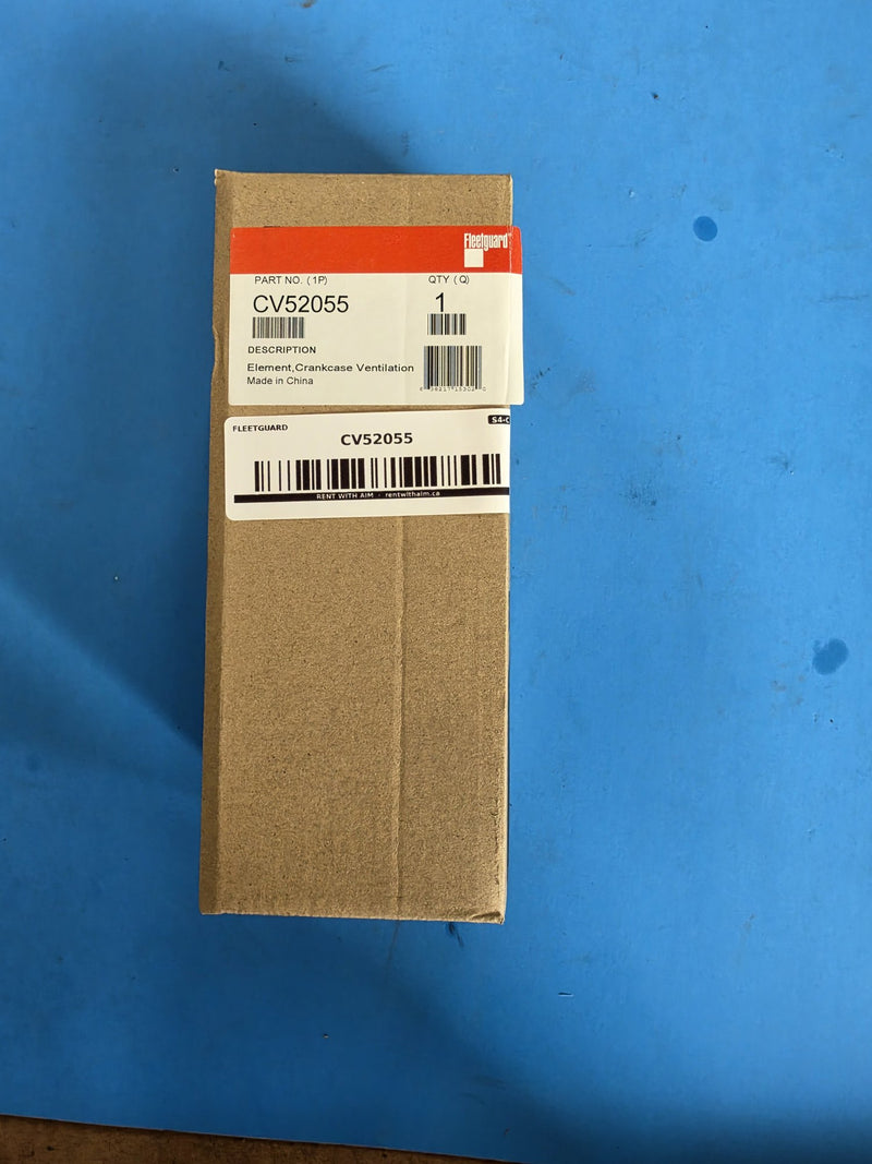 Fleetguard CV52055 crankcase ventilation element, orange Fleetguard label reading Element Crankcase Ventilation, made in China, with the AIM shelf barcode below it