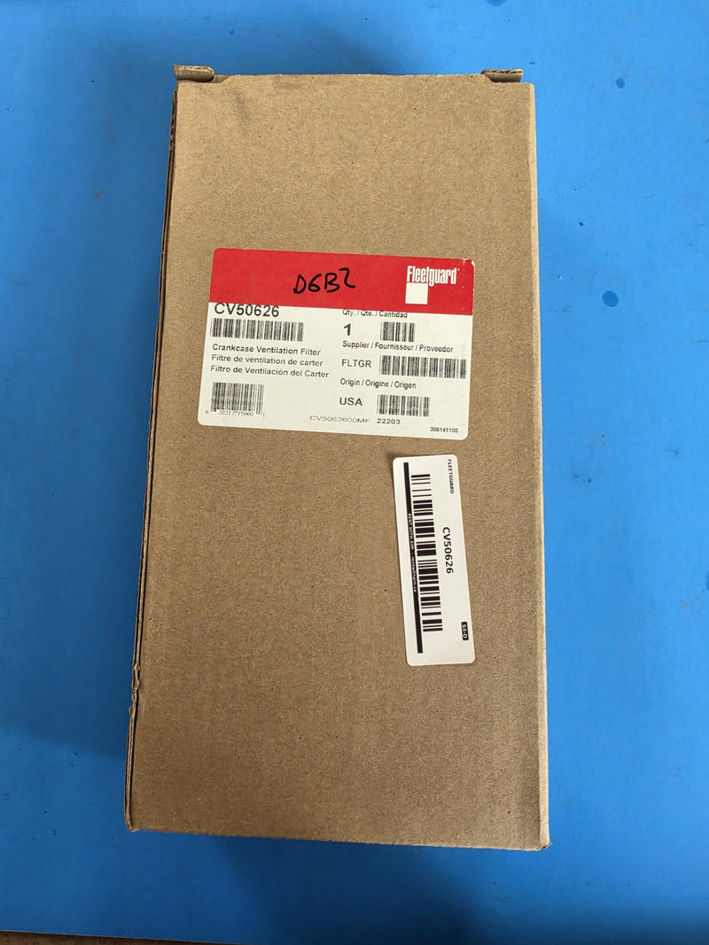 Genuine Fleetguard CV50626 crankcase ventilation filter, red Fleetguard label origin USA, box hand marked D6B2 in black marker, Prince George BC