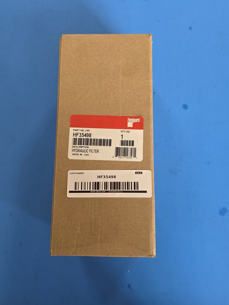 Genuine Fleetguard HF35498 spin on hydraulic filter, sealed made in USA carton, UPC 638217163531, AIM S4-A shelf sticker, photographed in Prince George BC