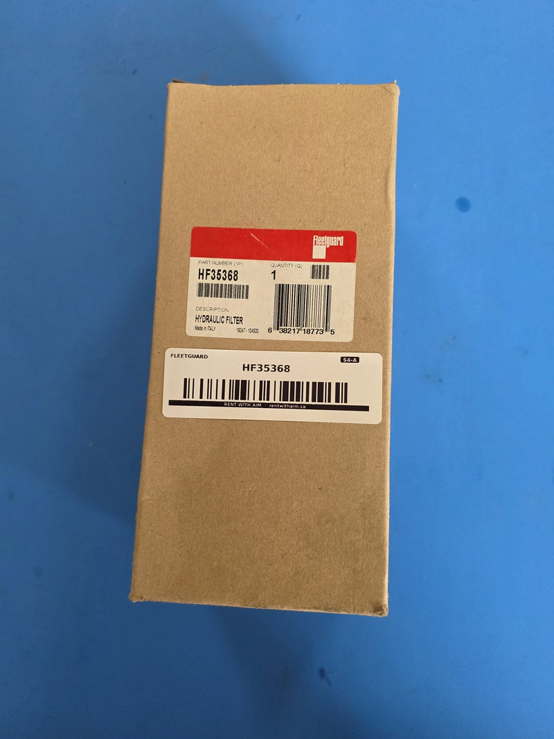 Genuine Fleetguard HF35368 spin on hydraulic filter, sealed made in Italy carton, code 19247 104500, UPC 638217187735, AIM S4-A shelf sticker, photographed in Prince George BC