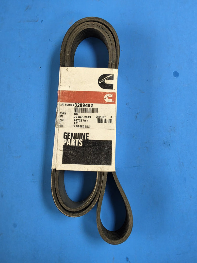 Genuine Cummins 3289492 V ribbed serpentine belt in the red and white Genuine Parts band, origin US, date 20 Apr 2019, photographed in Prince George BC