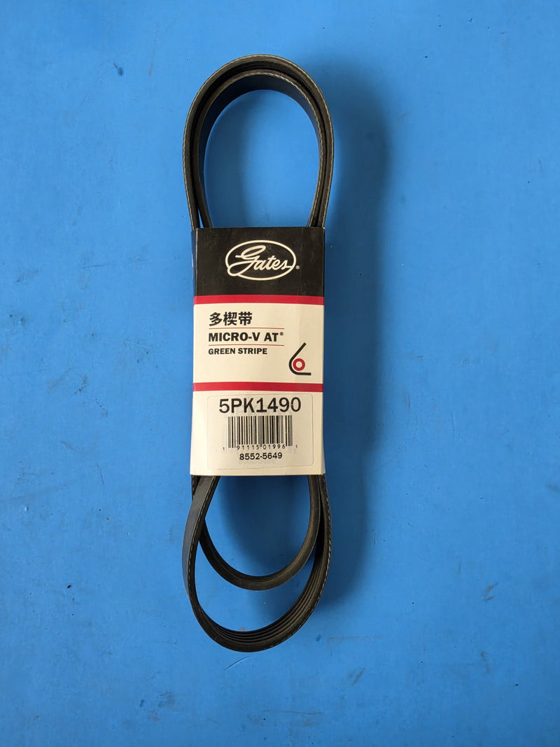 Genuine Gates 5PK1490 Micro-V AT green stripe serpentine belt in its paper sleeve, five rib 1490 mm belt photographed on the shelf in Prince George BC