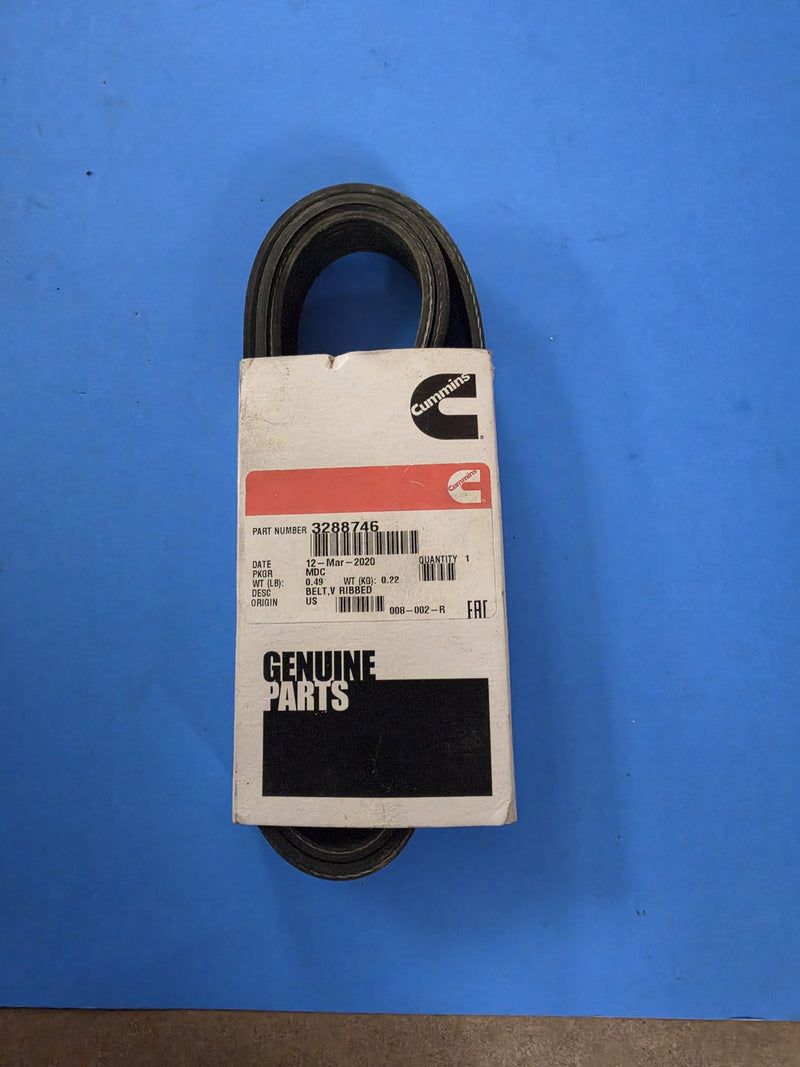 Genuine Cummins 3288746 V ribbed belt in the sealed red and black Cummins Genuine Parts box, origin US label, photographed in Prince George BC