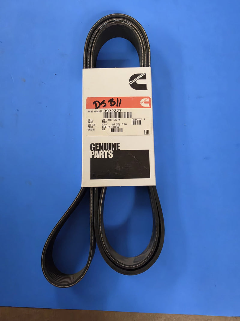 Genuine Cummins 3972377 V ribbed belt in a sealed Cummins Genuine Parts box packed January 2019, DS B11 written on the red band, Prince George BC