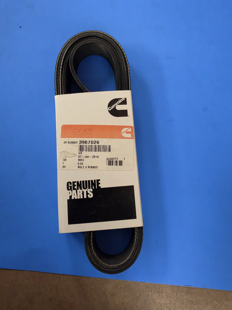 Genuine Cummins 3967026 V ribbed belt in a sealed Cummins Genuine Parts box with the label torn at the left edge, photographed in Prince George BC