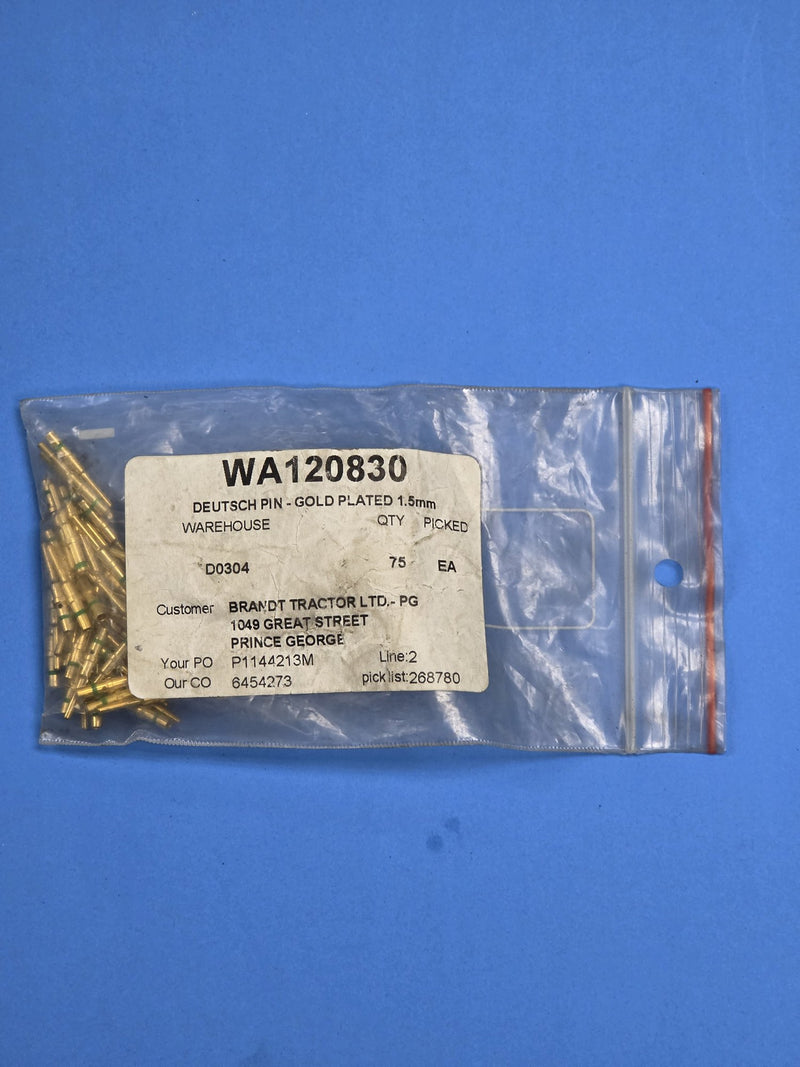 Bag of Waratah WA120830 gold plated 1.5 mm Deutsch pins on the shelf at AIM Rentals Prince George