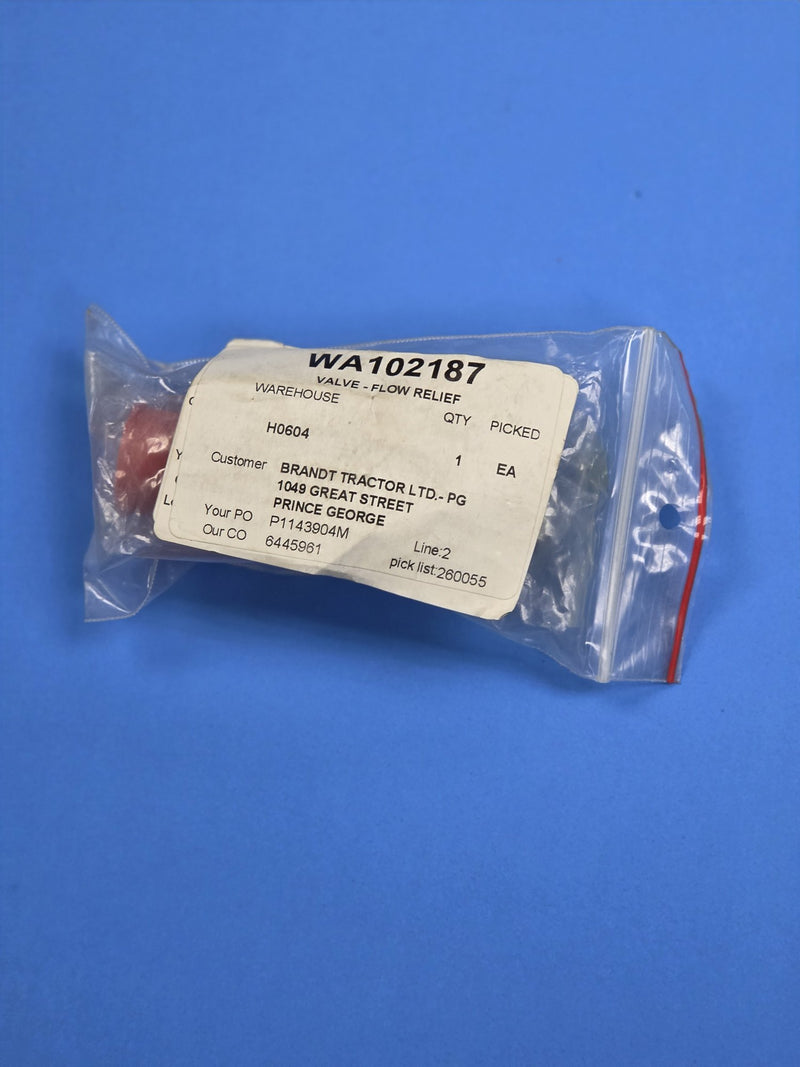 Waratah WA102187 flow relief valve with red seal in its picked bag at AIM Rentals Prince George