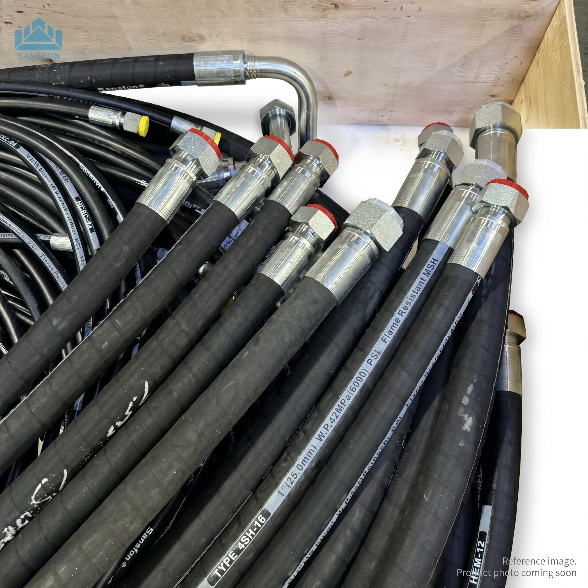 XCMG 312003355 Hose three-quarter angle product photo | stocked in BC, ships Canada-wide