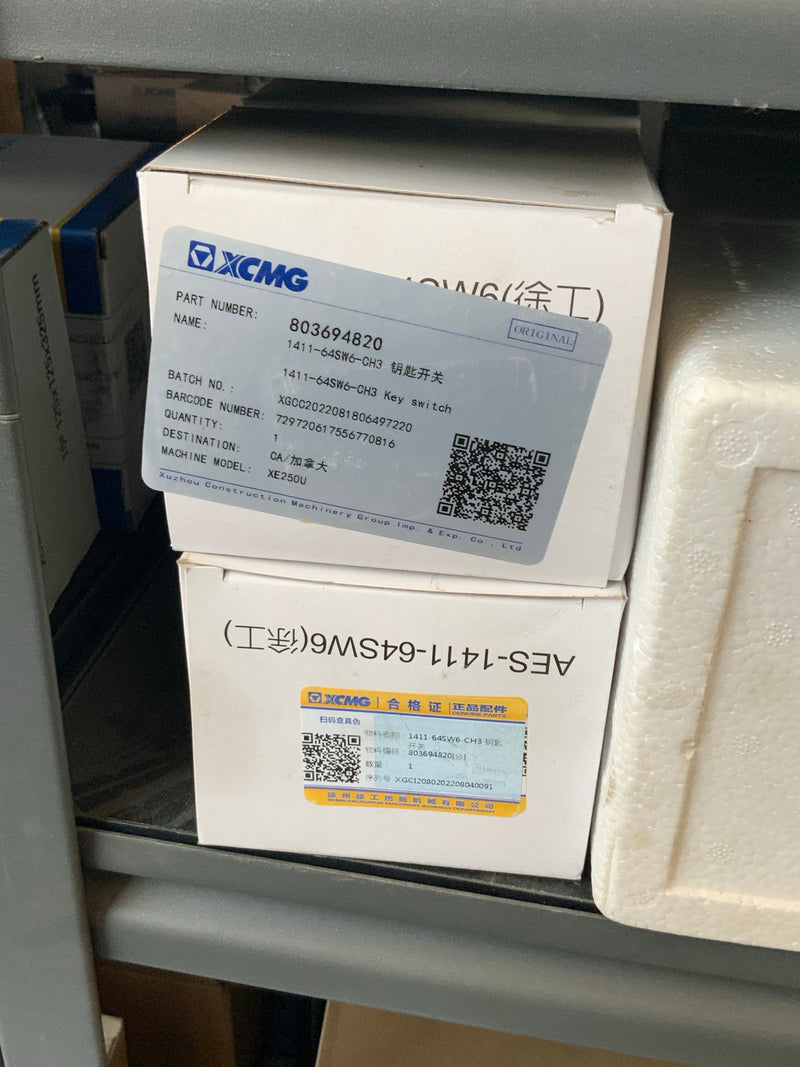 XCMG 803694820 1411-64SW6-CH3 key switch carton label, machine model XE250U