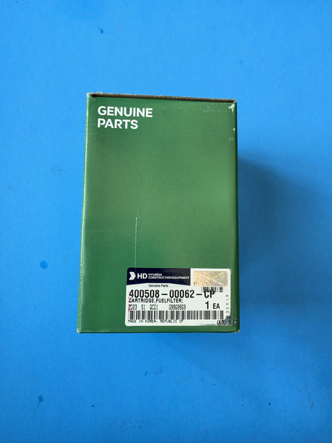 Genuine HD Hyundai Construction Equipment 400508-00062-CP fuel filter cartridge in the original green genuine parts box