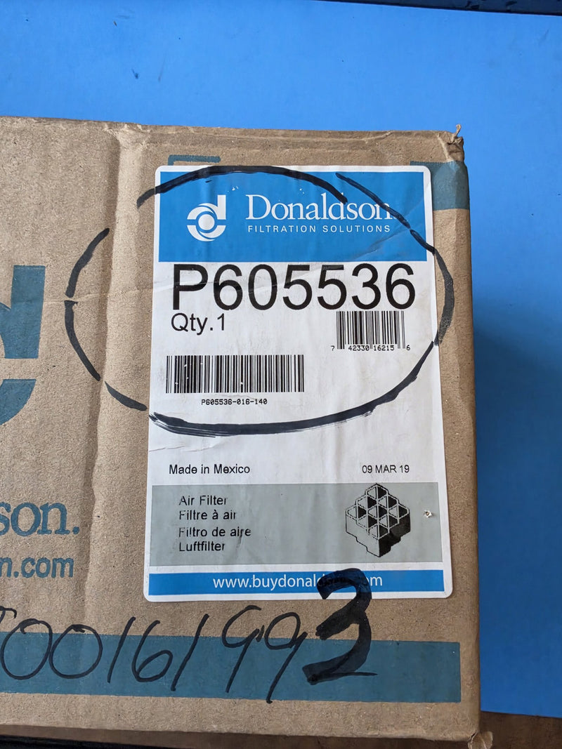 Genuine Donaldson P605536 PowerCore obround primary air filter in the original Donaldson Filtration Solutions box
