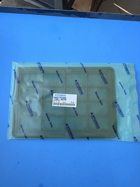 Genuine Hyundai Heavy Industries 11Q6-90240 cab recirculation filter, green mesh screen panel in the original genuine parts bag, made in Korea