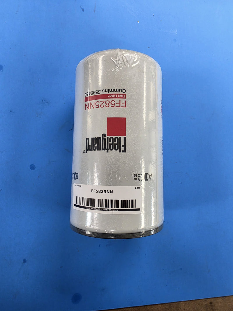 Fleetguard FF5825NN NanoNet fuel filter can, Cummins reference 5599456, with an AIM barcode label applied