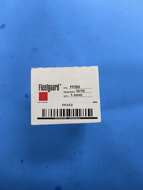 Genuine Fleetguard FF253 spin-on fuel filter in the original Fleetguard box, printed Fuel Filter, quantity one, contents made in USA