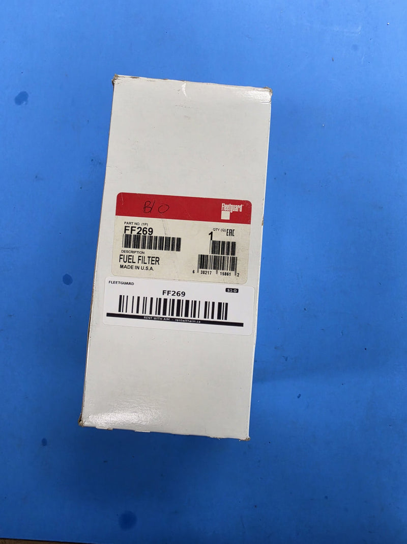 Genuine Fleetguard FF269 fuel filter in the original Fleetguard box marked FUEL FILTER, MADE IN U.S.A., quantity one