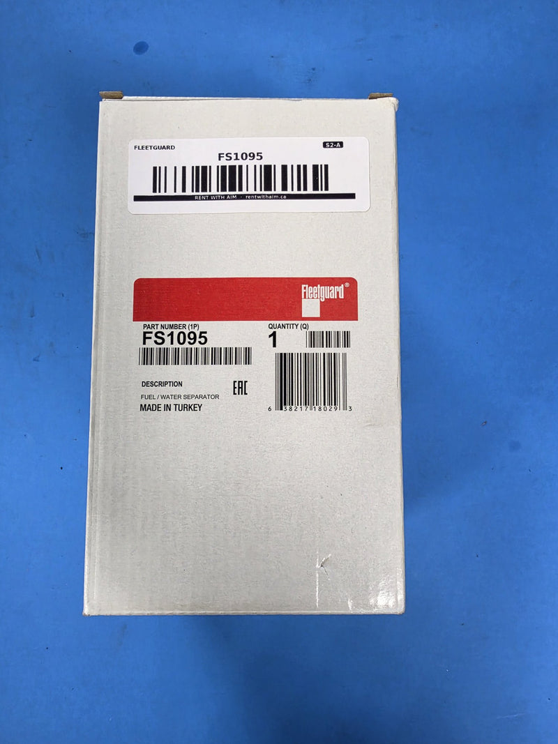 Genuine Fleetguard FS1095 fuel water separator in the original Fleetguard box marked FUEL / WATER SEPARATOR, MADE IN TURKEY, quantity one