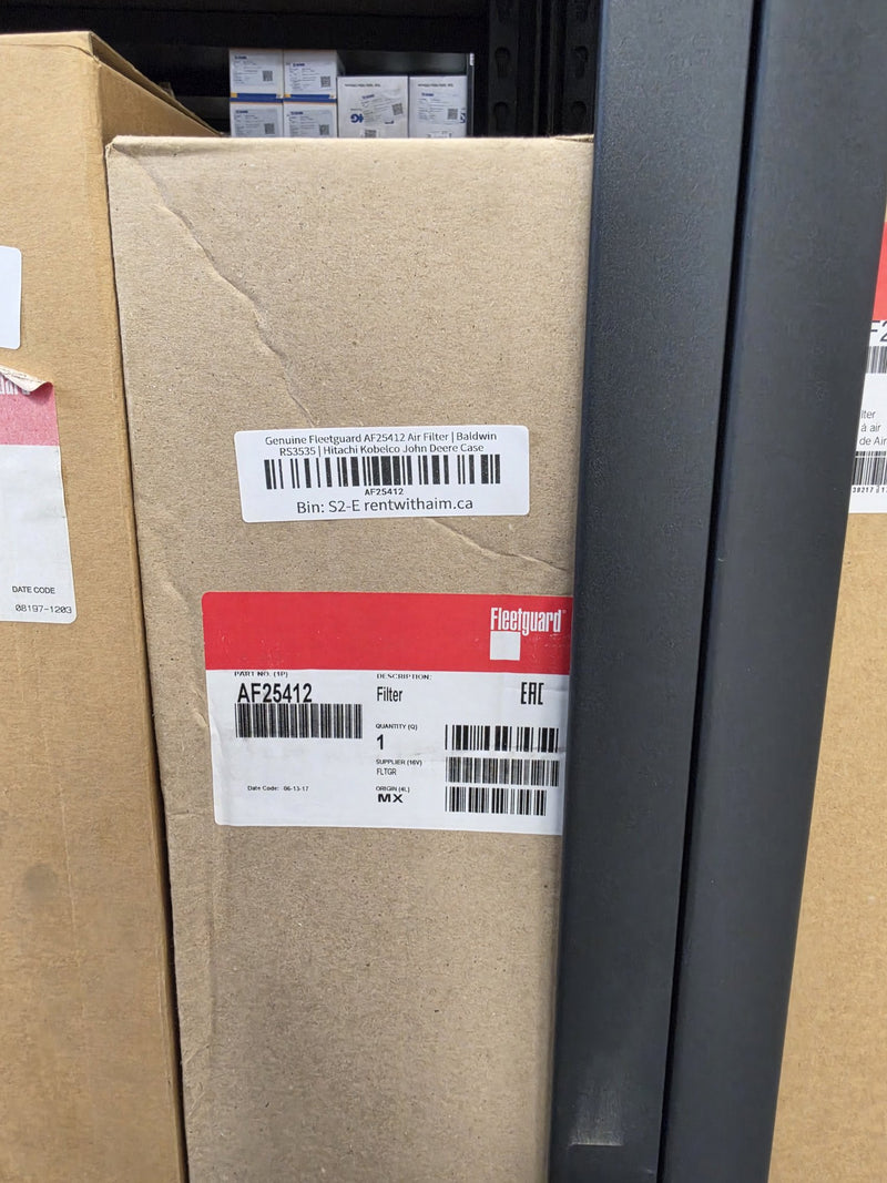 Genuine Fleetguard AF25412 air filter in the original Fleetguard box printed PART NO AF25412, DESCRIPTION Filter, quantity one, supplier FLTGR, origin MX, date code 06-13-17