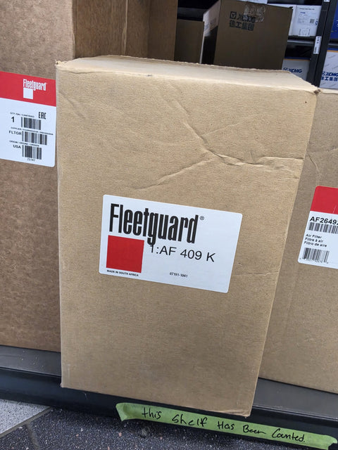 Fleetguard AF409K primary air filter in the original Fleetguard box, made in South Africa, on the shelf in Prince George
