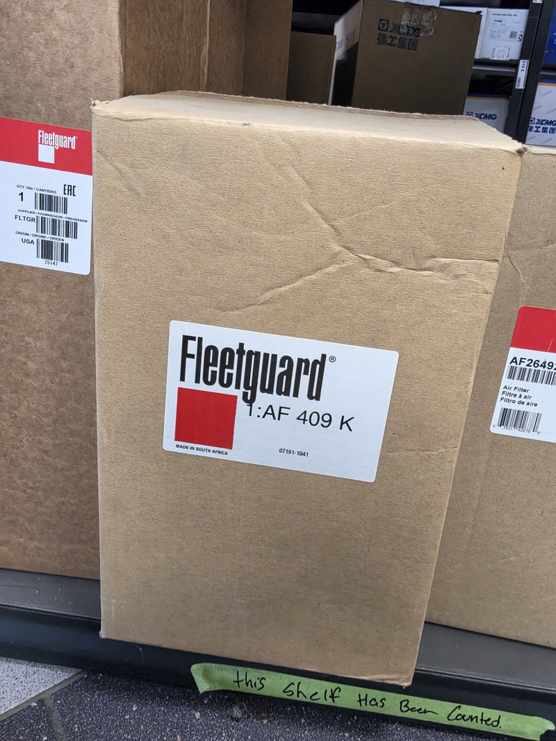 Fleetguard AF409K primary air filter in the original Fleetguard box, made in South Africa, on the shelf in Prince George