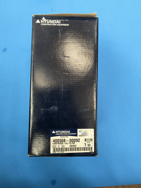 Genuine Hyundai 400508-00092 oil filter cartridge box on the shelf at AIM Rentals Prince George