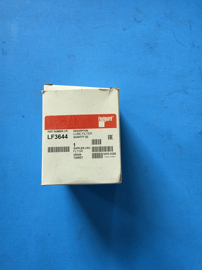 Genuine Fleetguard LF3644 lube filter carton, origin Turkey, hand marked B slash O in red on the label, Prince George BC