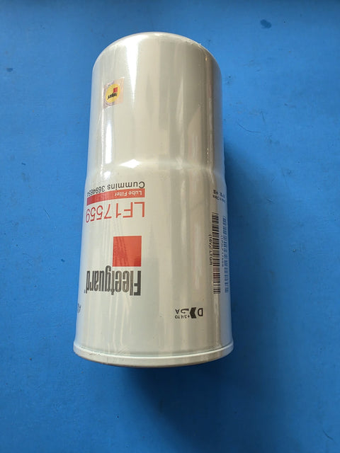 Genuine Fleetguard LF17559 oil filter with the gold authenticity sticker on the dome, Cummins 3694634 printed on the can, Prince George BC